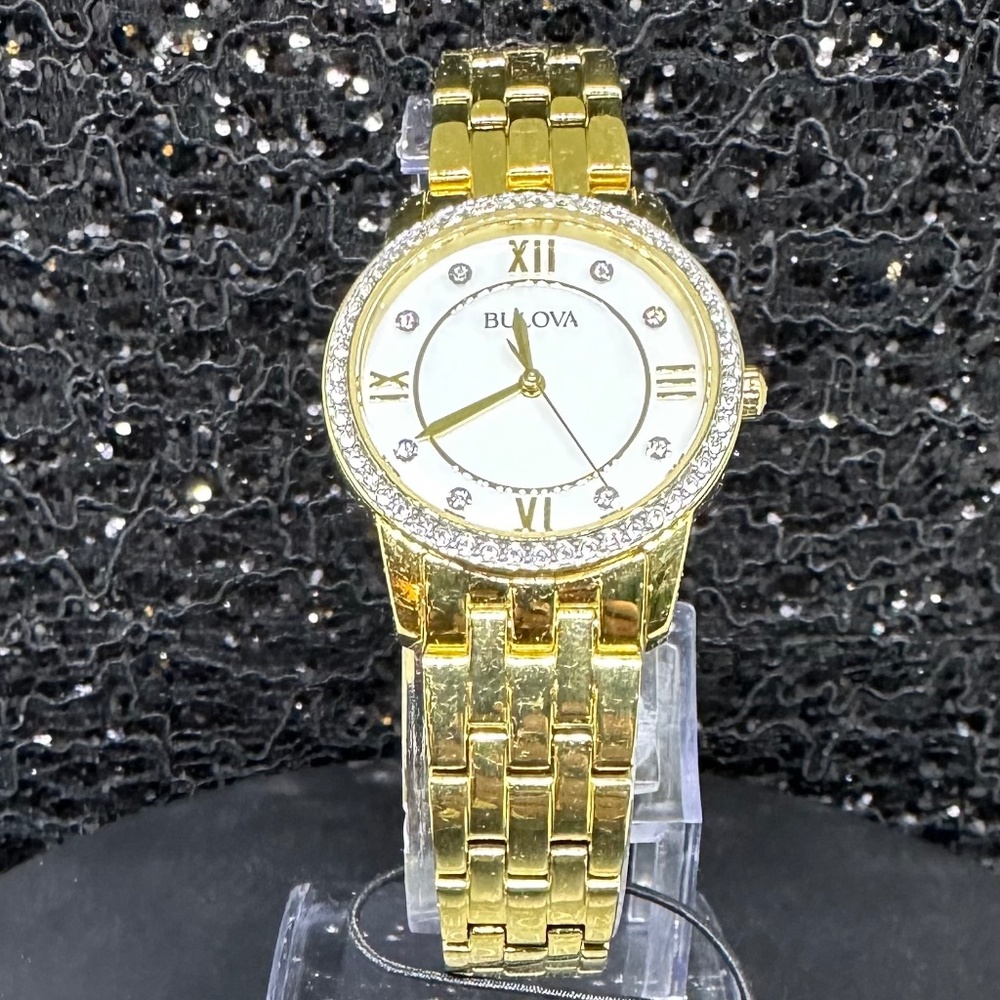 Women's (NWT) Gold Bulova with Crystal Bezel, and Mother Of Pearl & Diamond Face